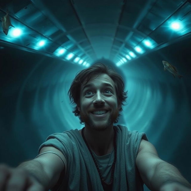 A realistic selfie of Jonah inside the belly of a whale, depicting his amazed expression as he explores this vast, cavernous space