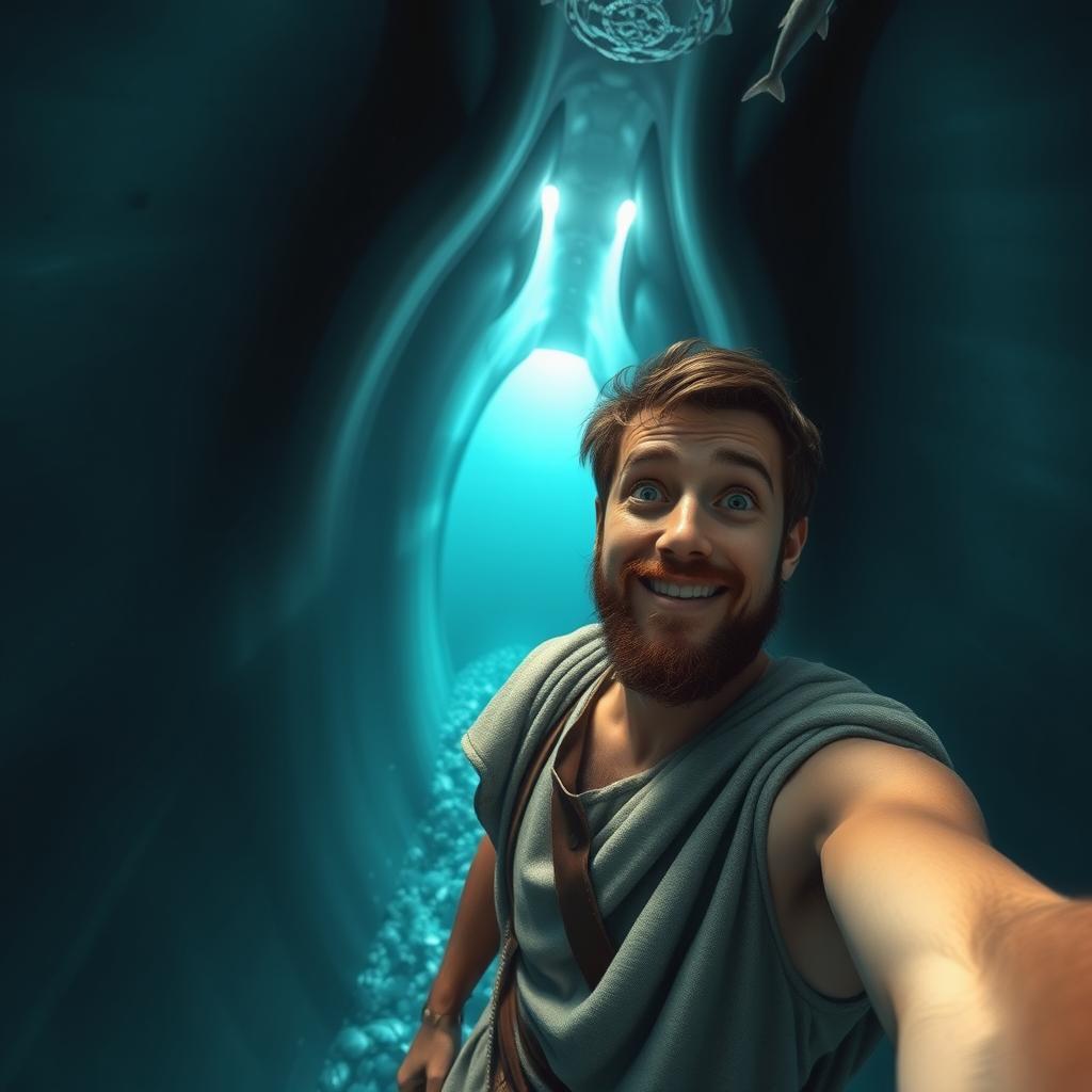 A realistic selfie of Jonah inside the belly of a whale, depicting his amazed expression as he explores this vast, cavernous space