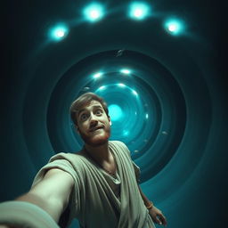 A realistic selfie of Jonah inside the belly of a whale, depicting his amazed expression as he explores this vast, cavernous space