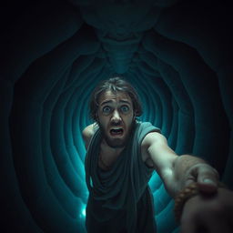 A realistic selfie of Jonah appearing terrified inside the belly of a whale