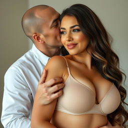 A 39-year-old Indonesian man with pure white skin is tenderly hugging a beautiful 28-year-old woman from behind as he kisses her cheek affectionately