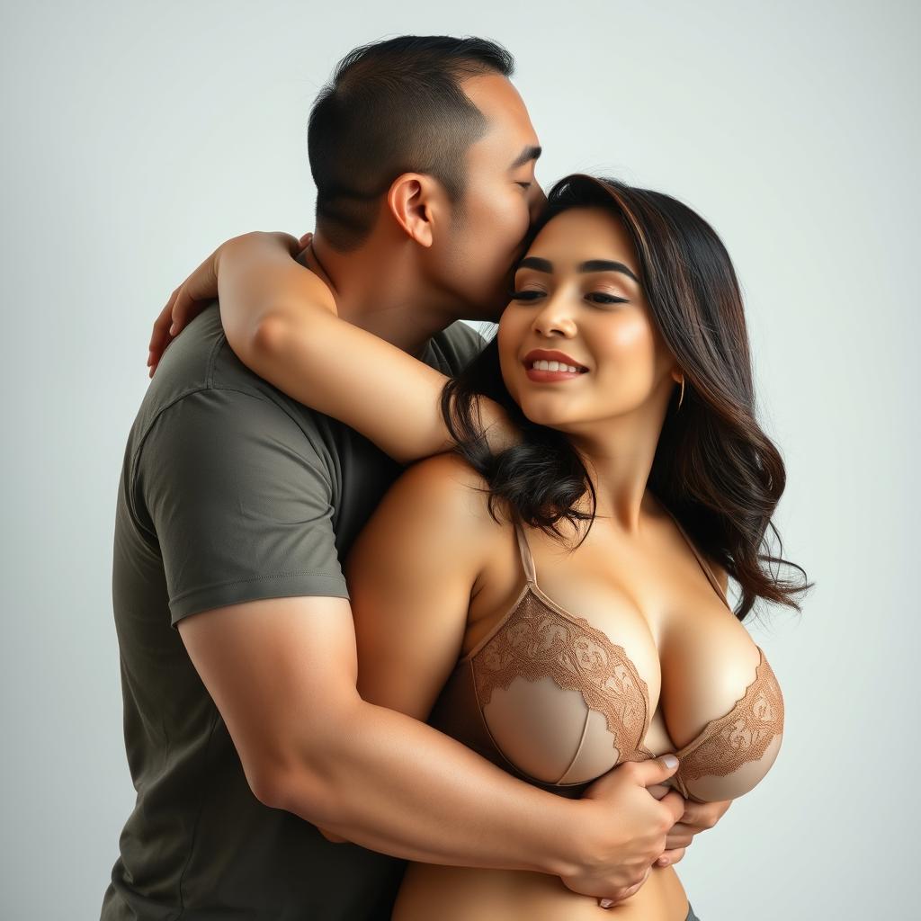 A 39-year-old Indonesian man with pure white skin is tenderly hugging a beautiful 28-year-old woman from behind as he kisses her cheek affectionately