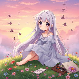 An INFP anime girl, embodying a whimsical and dreamy personality, with long flowing pastel-colored hair and large expressive eyes that hint at her imaginative nature