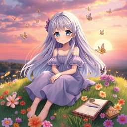 An INFP anime girl, embodying a whimsical and dreamy personality, with long flowing pastel-colored hair and large expressive eyes that hint at her imaginative nature