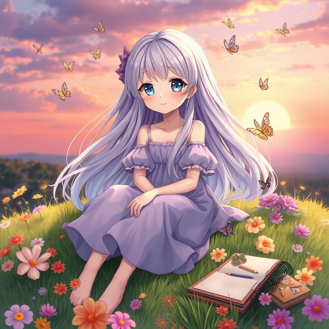 An INFP anime girl, embodying a whimsical and dreamy personality, with long flowing pastel-colored hair and large expressive eyes that hint at her imaginative nature