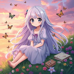 An INFP anime girl, embodying a whimsical and dreamy personality, with long flowing pastel-colored hair and large expressive eyes that hint at her imaginative nature