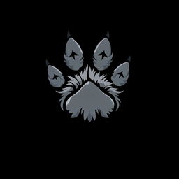 A stylized logo featuring a detailed grey wolf paw print centered against a solid black background