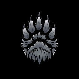 A stylized logo featuring a detailed grey wolf paw print centered against a solid black background