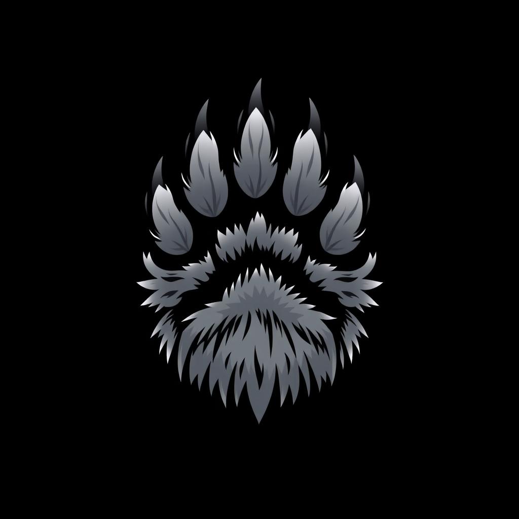 A stylized logo featuring a detailed grey wolf paw print centered against a solid black background
