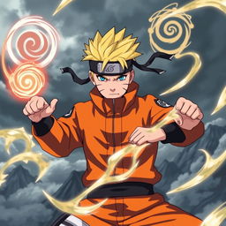 An epic scene featuring Naruto Uzumaki, the main character from the anime series "Naruto," in an intense battle stance