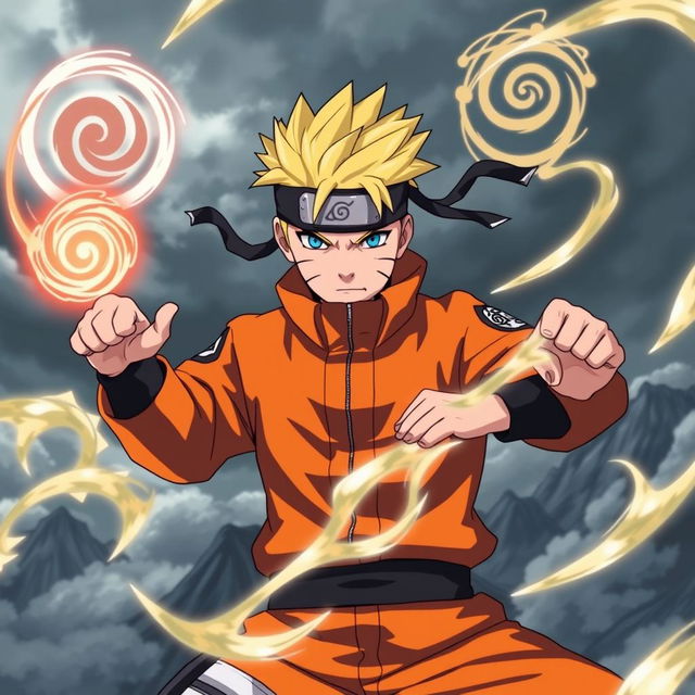An epic scene featuring Naruto Uzumaki, the main character from the anime series "Naruto," in an intense battle stance