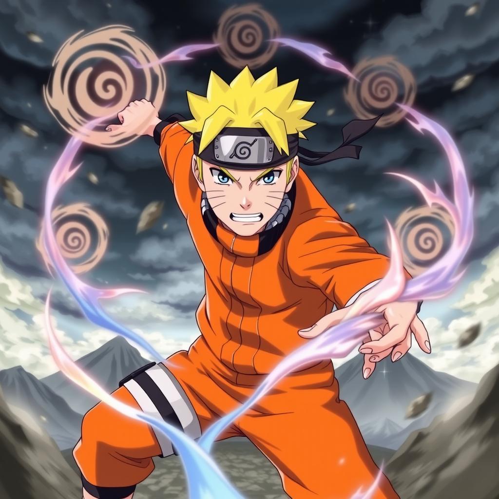 An epic scene featuring Naruto Uzumaki, the main character from the anime series "Naruto," in an intense battle stance