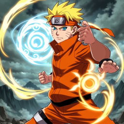 An epic scene featuring Naruto Uzumaki, the main character from the anime series "Naruto," in an intense battle stance