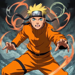 An epic scene featuring Naruto Uzumaki, the main character from the anime series "Naruto," in an intense battle stance