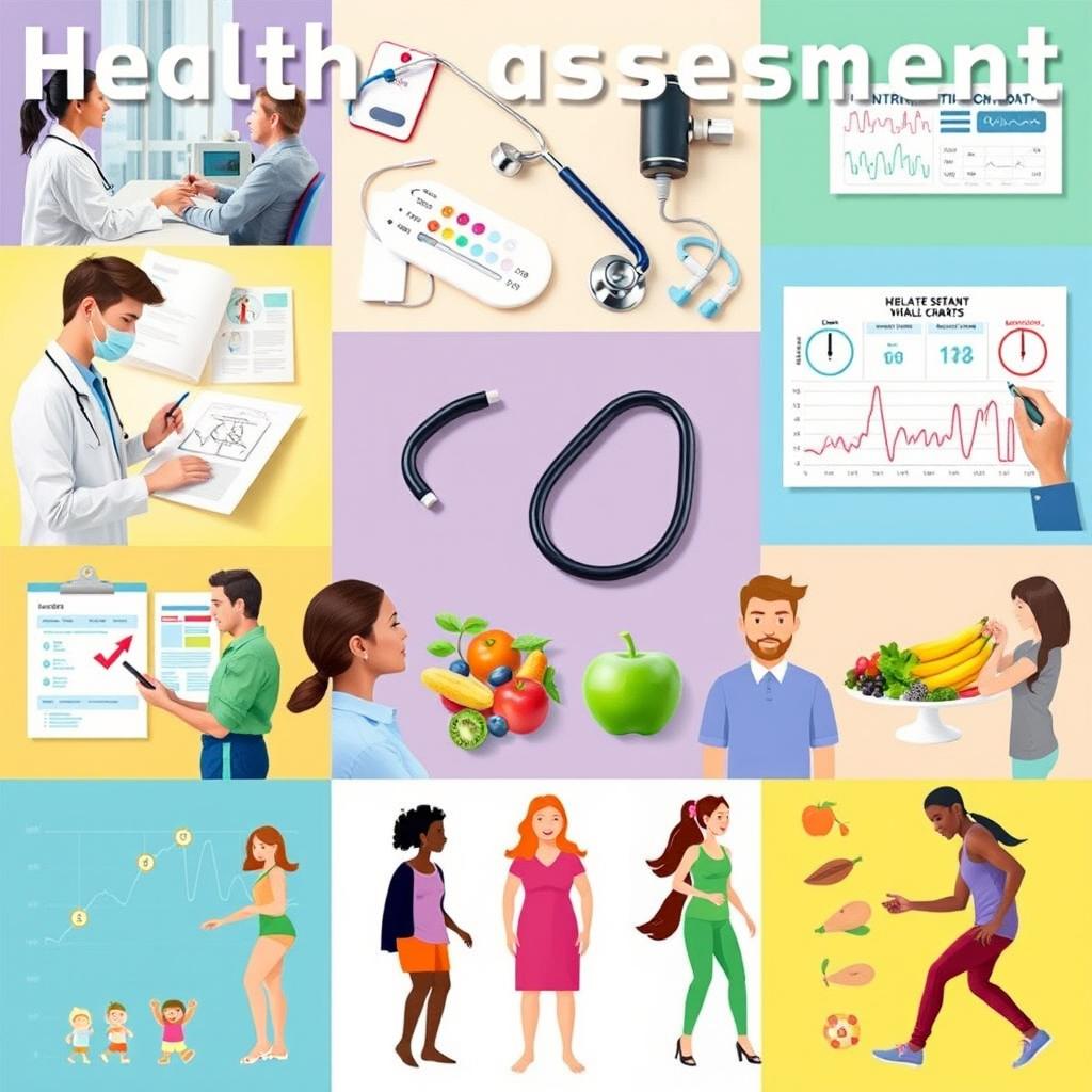A vibrant collage illustrating various aspects of health assessment