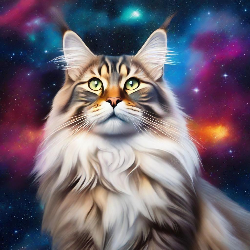 A realistic portrait of an elegant Maine Coon cat, glazing towards the stars, set against a celestial backdrop filled with vibrant galaxies, nebulae and star clusters.