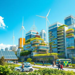 A futuristic cityscape showcasing sustainable and renewable electrical innovations, featuring solar panels, wind turbines, and electric vehicles