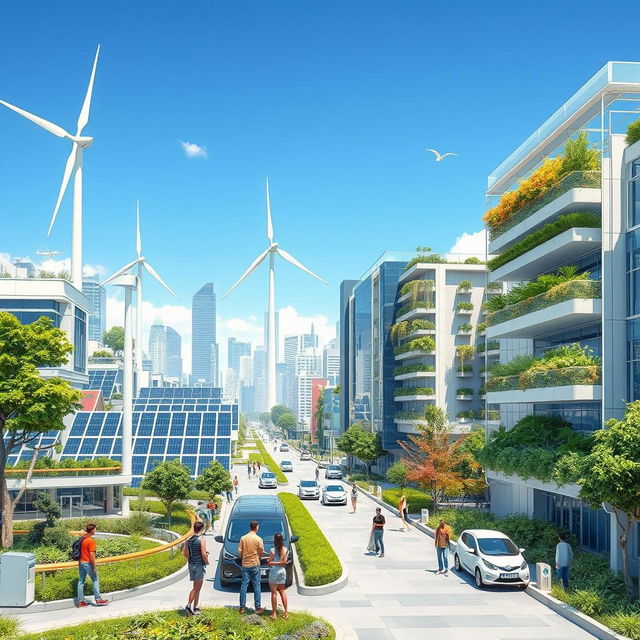 A futuristic cityscape showcasing sustainable and renewable electrical innovations, featuring solar panels, wind turbines, and electric vehicles