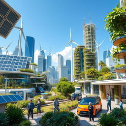A futuristic cityscape showcasing sustainable and renewable electrical innovations, featuring solar panels, wind turbines, and electric vehicles