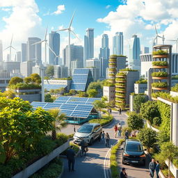 A futuristic cityscape showcasing sustainable and renewable electrical innovations, featuring solar panels, wind turbines, and electric vehicles