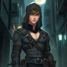 A handsome, humanoid character with a short stature, dressed in a sleek assassin outfit