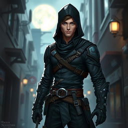A handsome, humanoid character with a short stature, dressed in a sleek assassin outfit