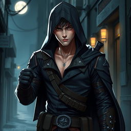 A handsome, humanoid character with a short stature, dressed in a sleek assassin outfit