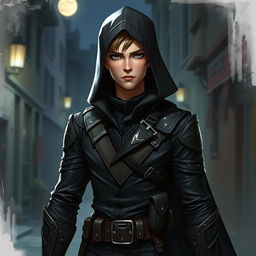 A handsome, humanoid character with a short stature, dressed in a sleek assassin outfit