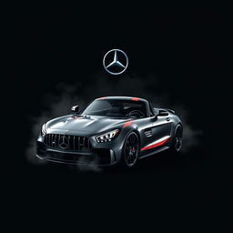A stylish black t-shirt design featuring a sleek Mercedes AMG GT Black Series sports car