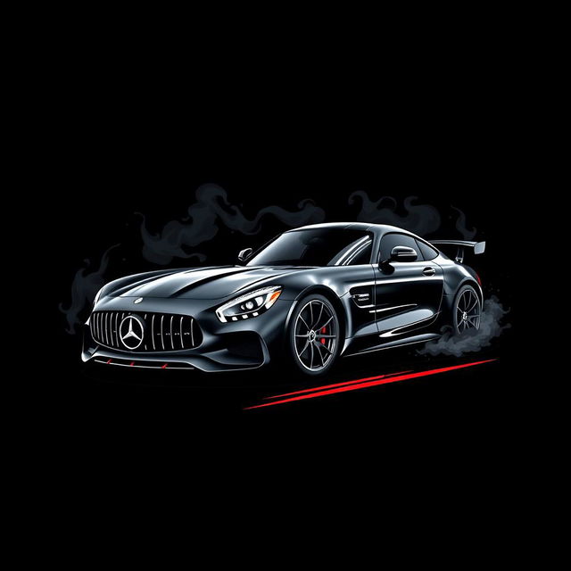 A stylish black t-shirt design featuring a sleek Mercedes AMG GT Black Series sports car