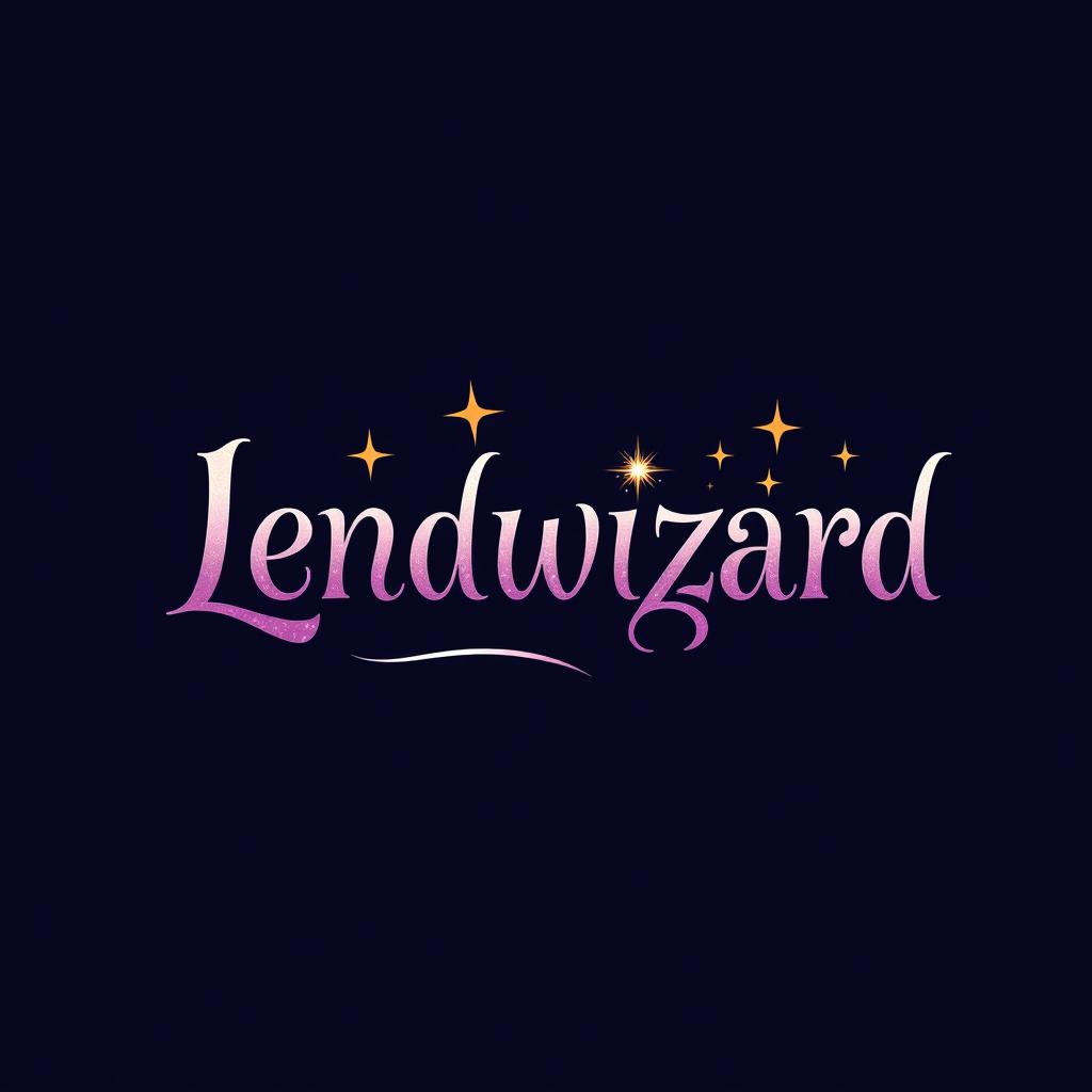 A magical text logo design for 'Lendwizard', blending enchanting elements with business professionalism