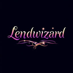 A magical text logo design for 'Lendwizard', blending enchanting elements with business professionalism