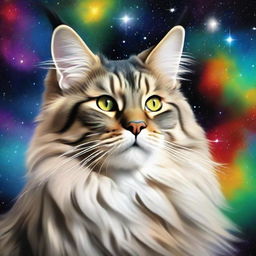 A realistic portrait of an elegant Maine Coon cat, glazing towards the stars, set against a celestial backdrop filled with vibrant galaxies, nebulae and star clusters.