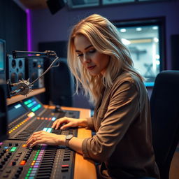 A 39-year-old attractive dirty blond-haired white woman named Dayna Wynter, intently working at a modern recording studio console