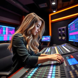 A 39-year-old attractive dirty blond-haired white woman named Dayna Wynter, diligently working at a state-of-the-art recording studio console