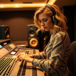 A 39-year-old attractive dirty blond-haired white woman named Dayna Wynter, engaged in her work at a sophisticated recording studio console