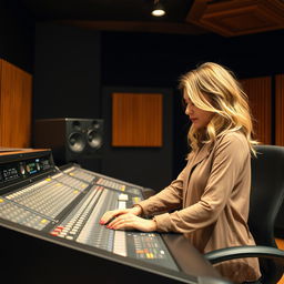 A 39-year-old attractive dirty blond-haired white woman named Dayna Wynter, engaged in her work at a sophisticated recording studio console