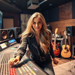 A 39-year-old attractive dirty blond-haired white woman named Dayna Wynter, energetically engaged at a professional recording studio console