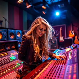 A 39-year-old attractive dirty blond-haired white woman named Dayna Wynter, energetically engaged at a professional recording studio console