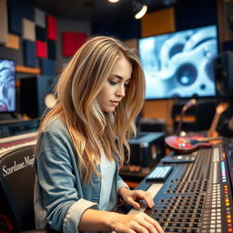 A 39-year-old attractive dirty blond-haired white woman named Dayna Wynter, fully immersed in her work at a high-tech recording studio console