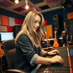 A 39-year-old attractive dirty blond-haired white woman named Dayna Wynter, fully immersed in her work at a high-tech recording studio console