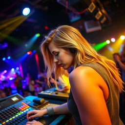 A 39-year-old attractive woman named Dayna Wynter, with dirty blonde hair, focused on her work at a sound console during a nightclub concert