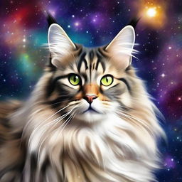 A realistic portrait of an elegant Maine Coon cat, glazing towards the stars, set against a celestial backdrop filled with vibrant galaxies, nebulae and star clusters.