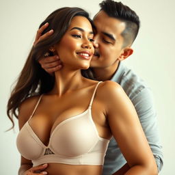 A 39-year-old Indonesian man with pure white skin is lovingly hugging a stunning 28-year-old woman from behind, kissing her cheek with great affection