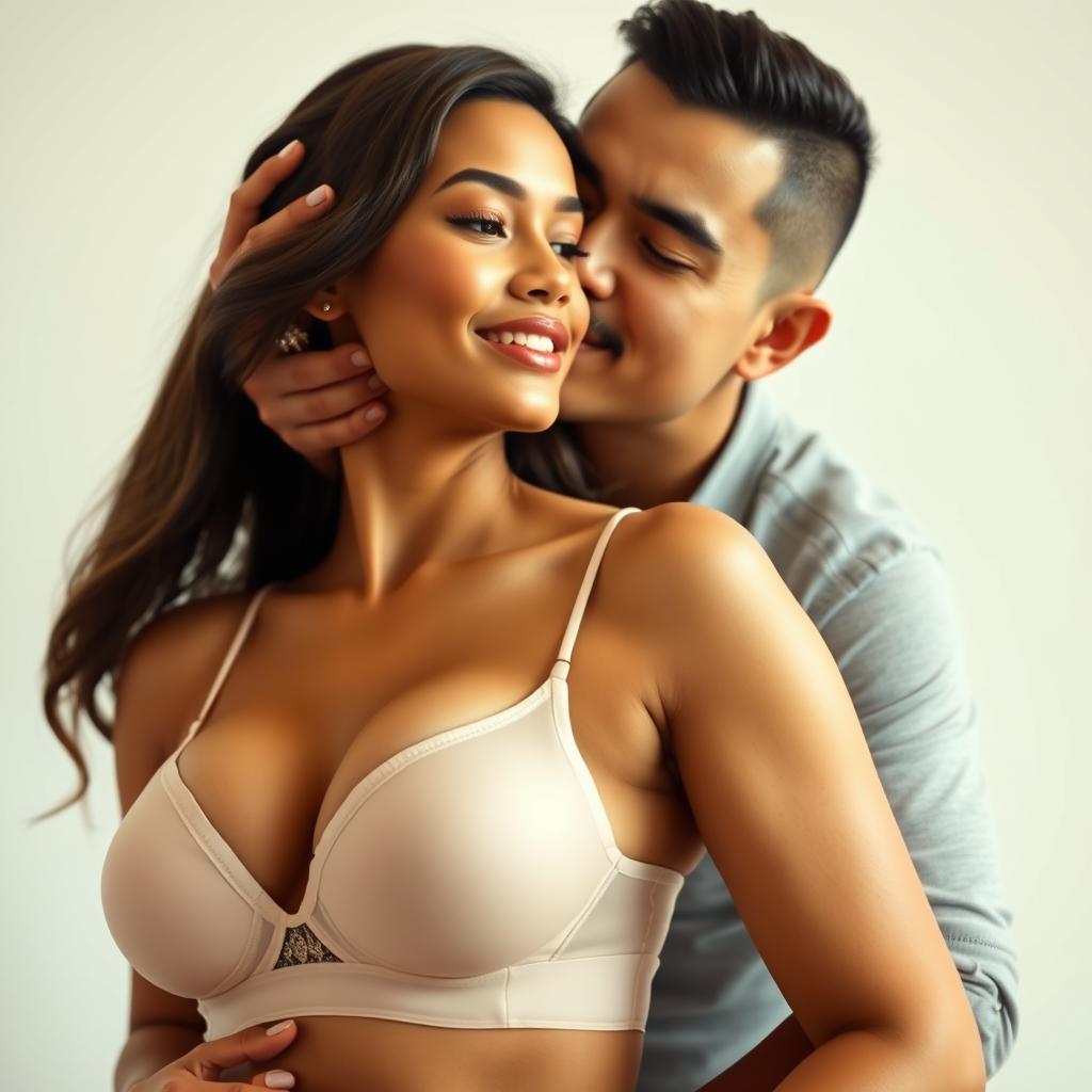 A 39-year-old Indonesian man with pure white skin is lovingly hugging a stunning 28-year-old woman from behind, kissing her cheek with great affection