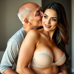 A 39-year-old Indonesian man with pure white skin is lovingly hugging a stunning 28-year-old woman from behind, kissing her cheek with great affection