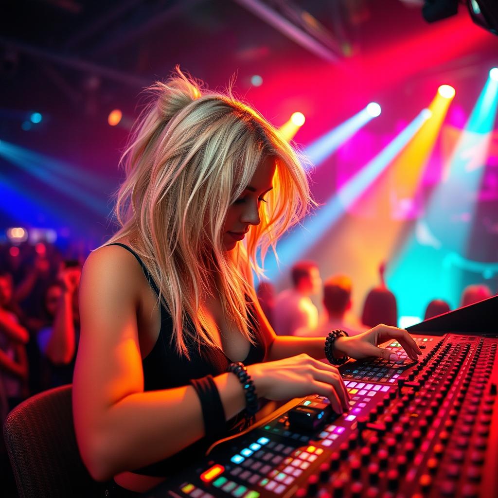 A 39-year-old attractive woman named Dayna Wynter, with dirty blonde hair, intently working at a sound console during a vibrant nightclub concert