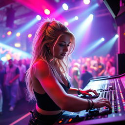 A 39-year-old attractive woman named Dayna Wynter, with dirty blonde hair, intently working at a sound console during a vibrant nightclub concert