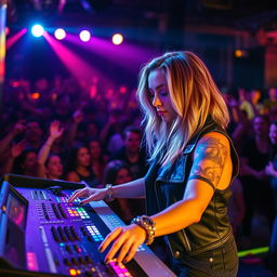 A 39-year-old attractive woman named Dayna Wynter, with dirty blonde hair, skillfully operating a sound console at a bustling nightclub concert