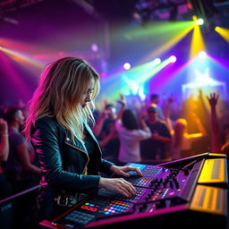 A 39-year-old attractive woman named Dayna Wynter, with dirty blonde hair, skillfully operating a sound console at a bustling nightclub concert